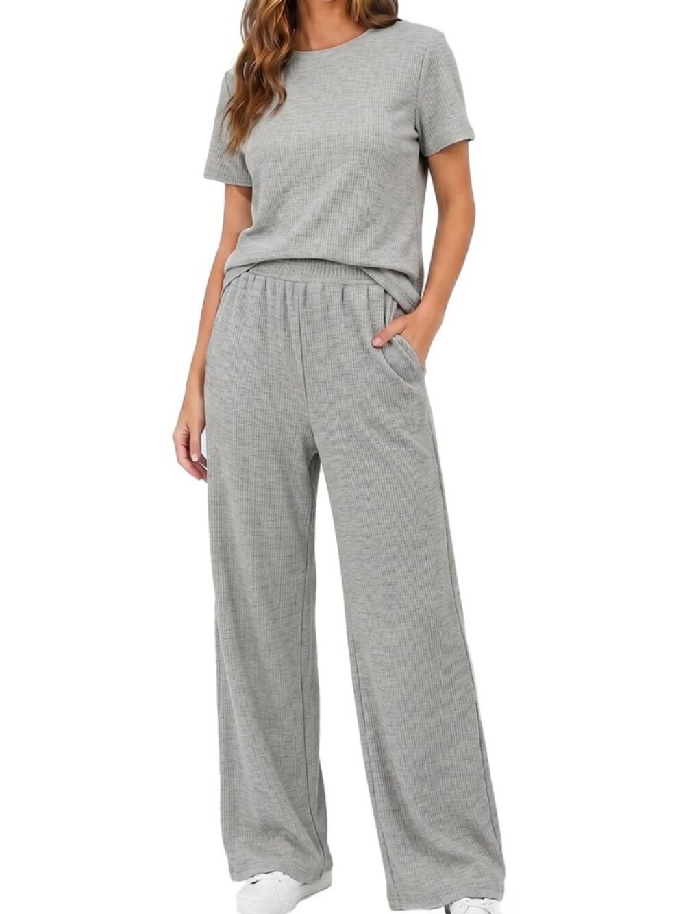 2 Piece Lounge Sets for Womens 2026 Waffle Knit Matching Sets Short Sleeve Top